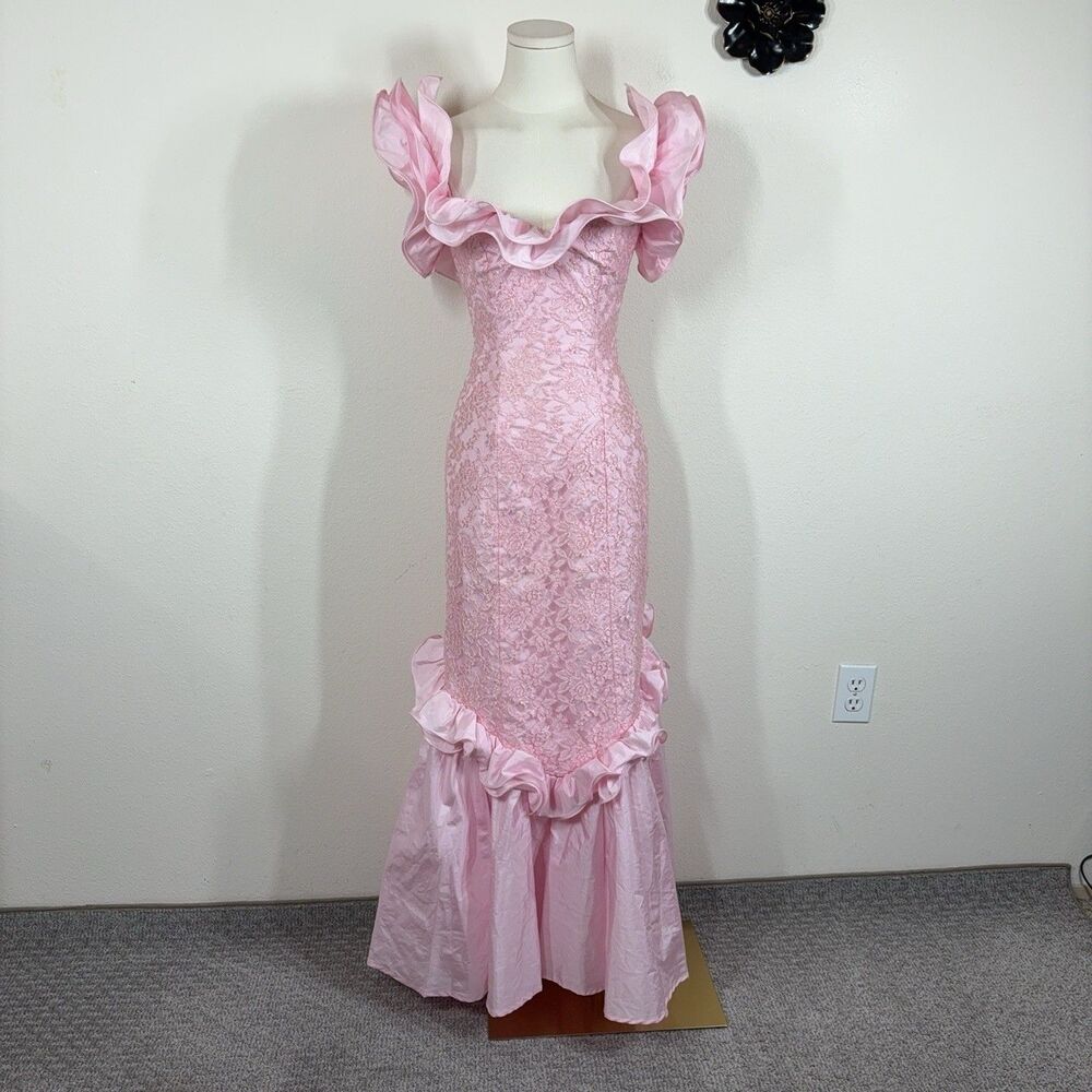 Vintage Lace Dress Womens 4 Pink Mermaid Sweetheart Ruffle Formal Prom 80s READ
